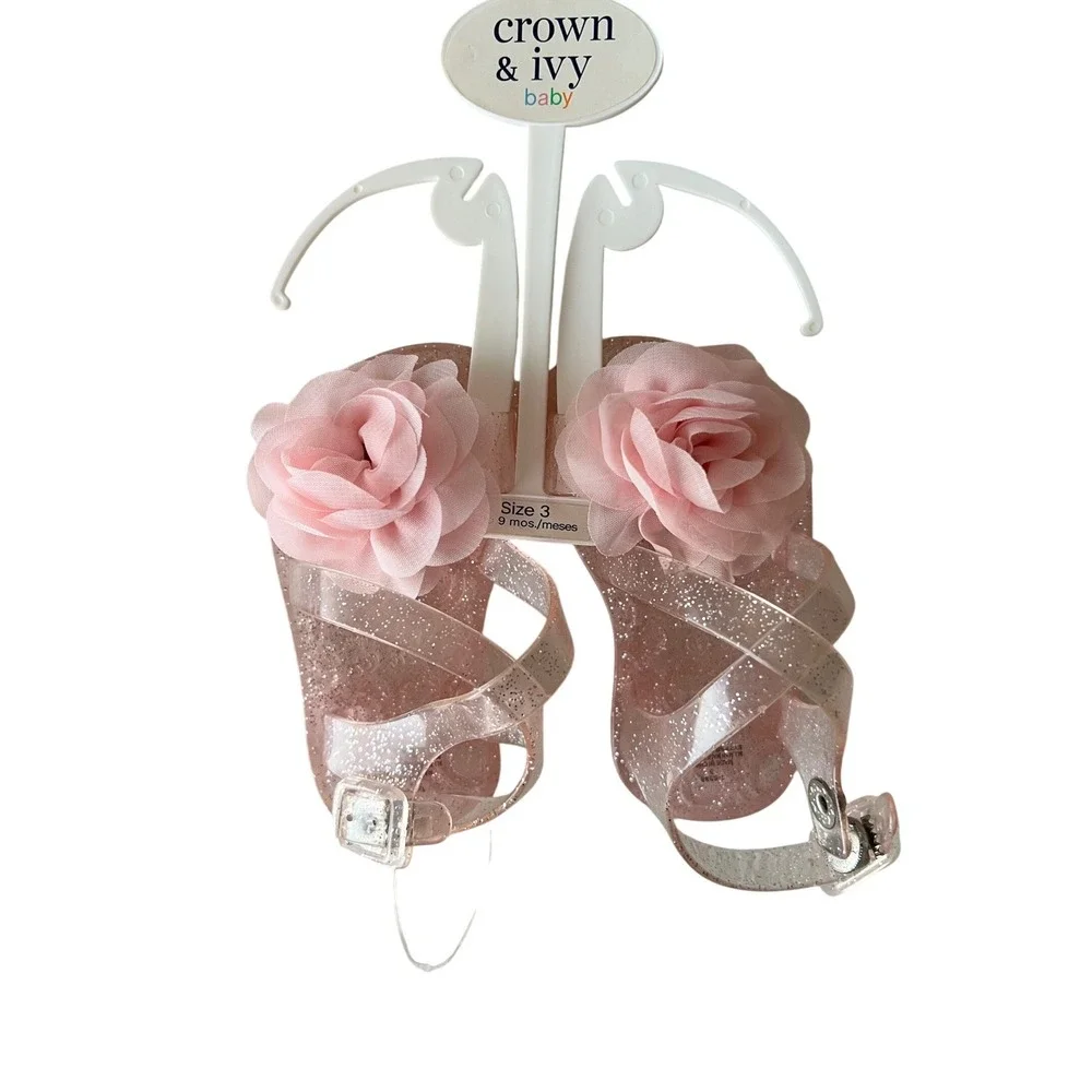 Crown & Ivy Baby Pink Glitter Jelly Sandals Rose Flower Size 3 6-9 Months NEW